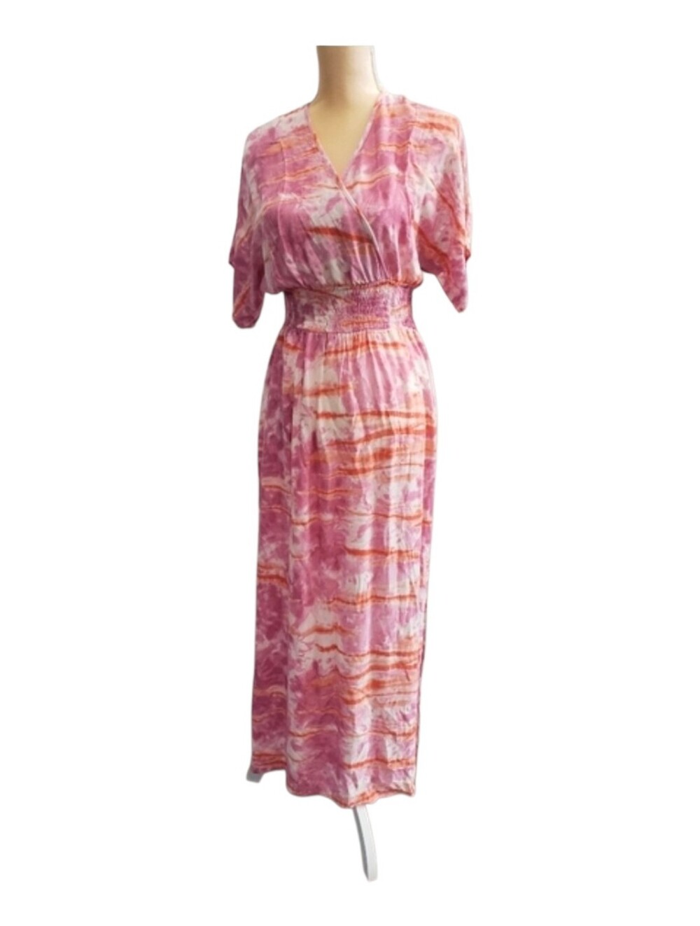 Boho Pink and Orange Tie-Dye Smocked Waist Maxi Boho Dress Med 58 Length